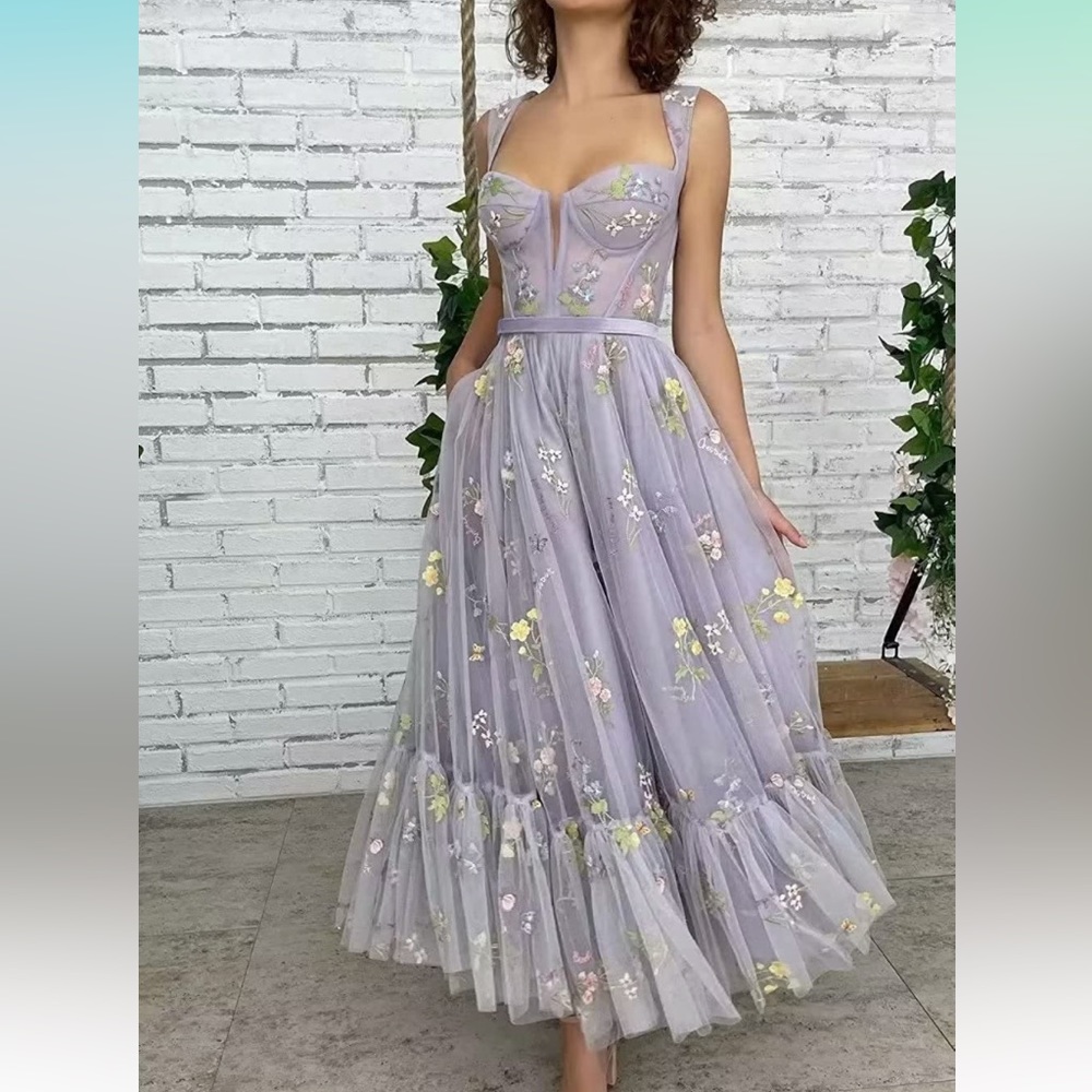 Lavender floral tea length mesh/tulle dresss